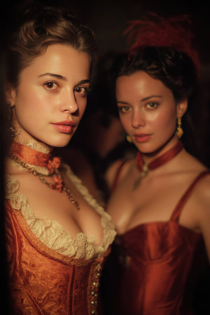 Two elegant courtesans engage in a close moment showing their elaborate attire and intricate details. The atmosphere reflects the opulence of a bygone era exuding allure and charm.の素材