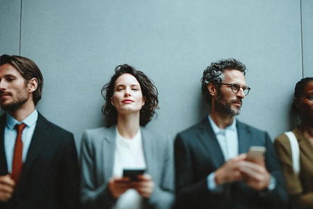 Four office colleagues stand near a wall focused each on their mobile devices. The atmosphere is casual yet professional as they await a meeting.の素材