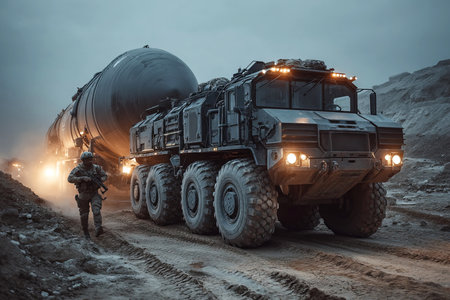 Soldiers tactical maneuver on rugged terrain as a military tractor carries a continental nuclear missile showcasing advanced technology and strategic military operations at dusk.の素材