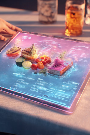 A modern restaurant features a holographic menu displaying vibrant food illustrations. A hand interacts with the menu enhancing the dining experience with advanced technology in a casual setting.の素材