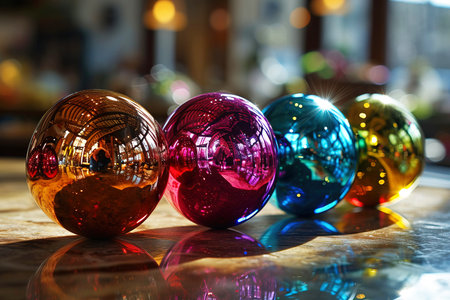 Vibrant metallic Easter eggs are arranged alongside shiny chrome exoskeletons of robot bunnies reflecting light in a cheerful and colorful atmosphere suitable forの素材