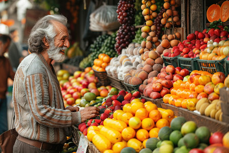 European market stall with tropical fruits fresh colorful produce. A cheerful emigrant trader. Header banner mockup with copy space.の素材