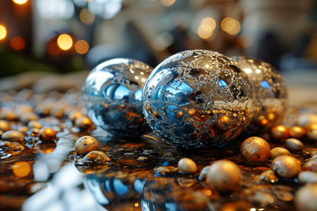 A collection of shiny chrome robot bunny exoskeletons surrounds reflective metallic Easter eggs resting on a surface adorned with scattered golden beads creatingの素材