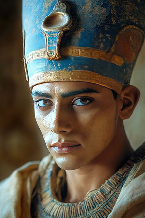 The depiction of Akhenaten highlights the ancient Egyptian pharaoh's distinct features and ornate headdress.の素材