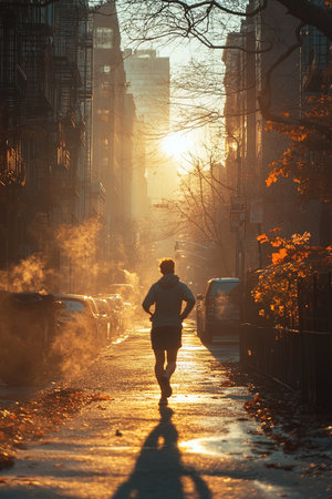 A jogger runs down a city street bathed in the warm glow of the morning sun. The atmosphere is refreshing with autumn leaves visible and steam rising from the ground creating a serene environment.の素材