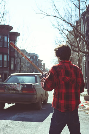 On bright sunny day in city hooligan stands ready to hit parked car with baseball bat demonstrating moment of aggression in an urban setting.の素材