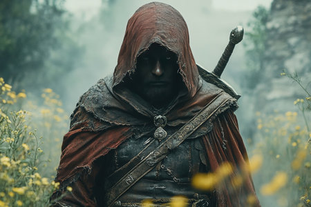 A cloaked medieval warrior walks through a foggy landscape filled with vibrant wildflowers. The figure emits an aura of mystery as they wield a sword and move forward cautiously.の素材