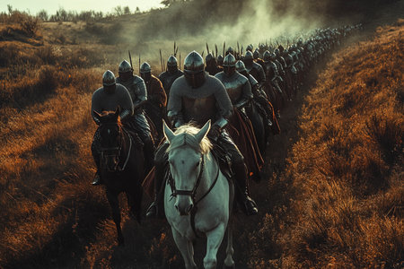 A line of armored knights on horseback moves through a landscape during a historic crusade. The aerial view captures the formation and intensity of their march toward a distant fortress.の素材