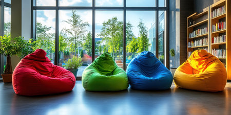 A row of multicolored bean bag chairs creates a cozy and inviting atmosphere in a modern interior. Large windows allow natural light and greenery to enhance the space.の素材