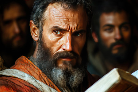 In a modern film portrayal Apostle Paul earnestly reads a prayer to his attentive disciples. The setting captures a moment of spirituality and devotion among early Christians.の素材