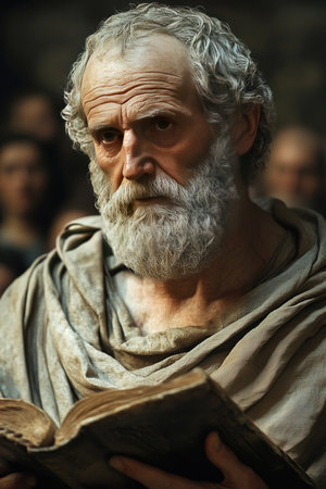 A wise figure with a white beard reads from an ancient book to an engaged audience. The setting reflects a classic atmosphere highlighting the significance of storytelling in culture.の素材