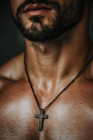 A believer showcases a Christian pectoral cross hanging from a chain on his bare chest. The image highlights a deep connection to faith emphasizing the personal significance of the symbol.の素材