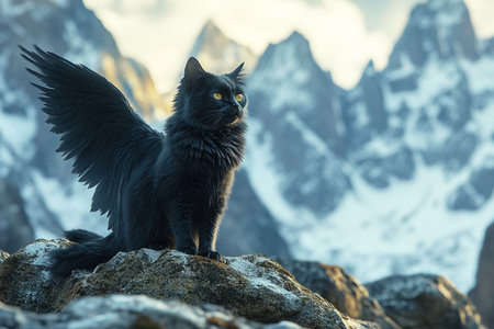 mystical black cat with large wings stands majestically on rocky surface surveying breathtaking landscape of snow capped mountains in background during daylight.の素材