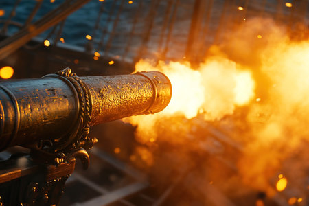 A galleon ship unleashes a powerful salvo of cannon fire from its side in a fierce battle at sea. The cannons are surrounded by flames and smoke reflecting the intensity of the conflict.の素材