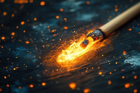matchstick is engulfed in flames as it ignites on black textured surface sending sparks in various directions highlighting moment of intense heat and light.の素材