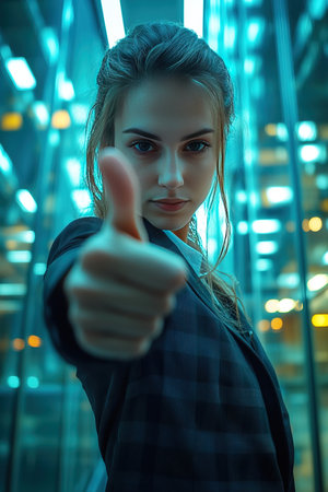 Business woman in a suit stands confidently with her thumb pointed down in front of mirrored business centers. The urban backdrop reflects the modern environment and its assertive presence.の素材