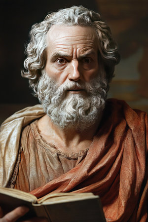 Homer stands before an audience animatedly reading passages from the Iliad. His expressive face captures the essence of ancient storytelling connecting with listeners in a contemporary environment.の素材