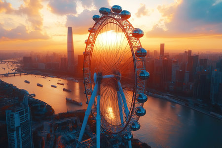 A stunning ferris wheel stands out in a contemporary city reflecting sunlight as it illuminates the skyline at sunset. The vibrant scene captures the energy of the urban atmosphere.の素材