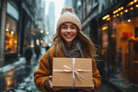 A young woman joyfully rushes out of a hardware store holding a beautifully wrapped gift box. She is in a modern city bustling with life surrounded by charming shops and festive atmosphere.の素材
