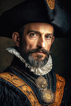 Francisco Pizarro a Spanish conquistador stands proudly adorned in elaborate attire capturing the moment of his confrontation with Inca Atahualpa. The tension of the era is palpable.の素材