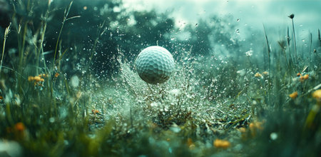 A golfer swings a club making contact with a ball on a vibrant green course. The impact sends grass and droplets flying as the ball soars through the air.の素材