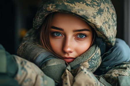 After a challenging deployment a female soldier stands confidently relieved and happy to be home. Her emotional reunion signifies the strength and resilience of military service.の素材