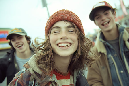 A group of happy teenagers are seen jumping with enthusiasm on a lively street. Their laughter and energy create a carefree atmosphere capturing the essence of youth and friendship.の素材