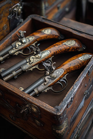 Three intricately designed flintlock pistols rest in a vintage wooden box showcasing their exquisite craftsmanship. Each weapon features ornate decorations and polished wooden handles.の素材