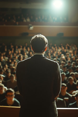 A lecturer stands at the front of a university auditorium addressing a large audience of students. The atmosphere is focused and attentive as knowledge is shared.の素材