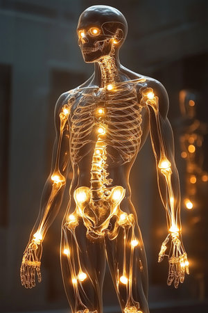 A transparent human figure highlights the joints with glowing neon accents demonstrating anatomy and pain points in a contemporary environment.の素材