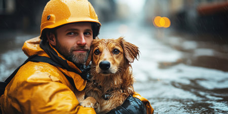 A rescuer in a yellow uniform carries a scared dog through flooded city streets. The rain soaked environment shows the urgency and compassion of the rescue effort.の素材