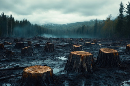 A barren landscape shows numerous stumps left after deforestation.の素材
