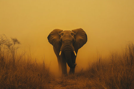 A majestic elephant strides confidently through tall grass amidst a golden haze during a safari in Africa. The atmosphere is thick with dust creating a magical and ethereal ambiance.の素材