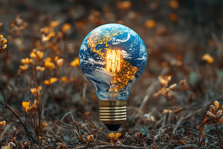 A light bulb designed as planet Earth stands out against a blurred backdrop of nature. This represents the harmony between innovation and environmental awareness in a vibrant outdoor environment.の素材