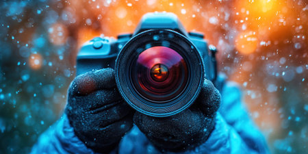 With large lens camera in hand the photographer immerses himself in the beauty of snowy day merging reality and imagination as snowflakes swirl around in vibrant hues.の素材