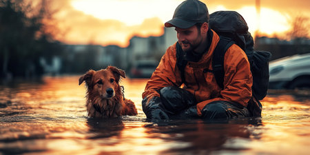 A rescuer in a bright uniform kneels in floodwaters to comfort a scared dog. The scene is set in a flooded city during sunset showing the bond between humans and animals in crisis.の素材