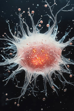 Observing a light pink sperm reproduction cell surrounded by other cellular components in its natural dark background under a microscope.の素材