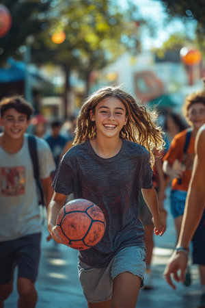 A group of cheerful teenagers play street soccer in a lively urban setting. Their laughter and energy fill the air as they run and jump enjoying the sunny day together.の素材