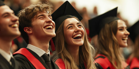 University students in uniform rejoice at their graduation ceremony expressing joy and relief after completing their studies. The atmosphere is filled with excitement and pride.の素材