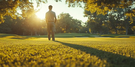 A golfer stands focused on the lush green course as the sun sets casting long shadows. The vibrant landscape highlights the serene environment of the sport.の素材