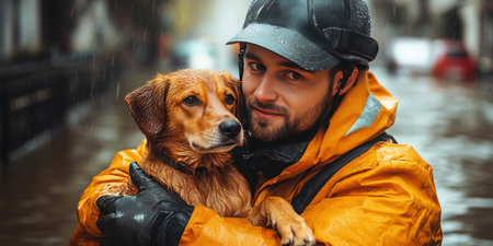 A man in a bright uniform holds a scared dog in his arms as they navigate a flooded city. The rain pours down highlighting the urgent need for rescue and safety.の素材