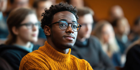 In a university lecture hall a lecturer and a black student engage in a passionate debate while other students look on thoughtfully. The atmosphere is charged with lively discussion.の素材