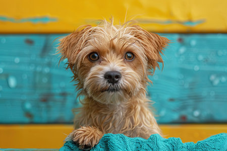 Dog pet bathing in bathtub with shampoo, grooming coat care. Human hands washing purebred dog. Header banner mockup with copy space.の素材
