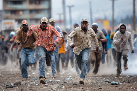 Crowds of protesters sprint away from advancing police in an urban area in Africa. The atmosphere is charged with tension as dust clouds rise indicating chaos and escalating conflict.の素材