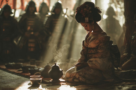 A geisha dressed in a delicate kimono performs a traditional tea ceremony as sunlight streams in. Samurai warriors stand in the background creating a striking contrast to the serene scene.の素材