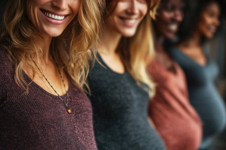 A group of pregnant women of different races smile happily as they showcase their baby bumps. Their expressions reflect joy and the beauty of motherhood creating a warm and supportive atmosphere.の素材