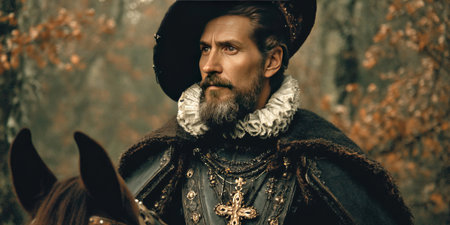 A man dressed in traditional historical clothing gazes thoughtfully while seated atop a horse. The backdrop features a serene autumn forest with golden leaves, adding warmth to the scene.の素材