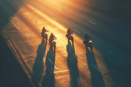 Four impressive bikers ride together on a highway enjoying the warm sunlight on a hot day. The clear sky and sparkling pavement highlight their journey as they embrace the open road.の素材
