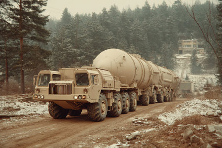 A military tractor carries a large nuclear missile along a snow covered road surrounded by trees. Soldiers are present highlighting the tense atmosphere of a wartime operation.の素材