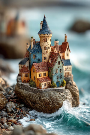 A captivating view from above reveals a mystical castle atop a rocky island with colorful fairy tale houses nearby.の素材